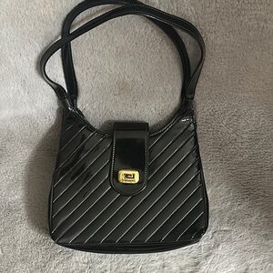Elegant Black Patent  Vintage Quilted look Shoulder Bag with Gold Accents
